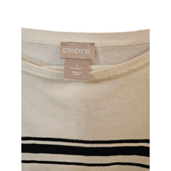 Chico's white w/ black strips size L Long sleeve work knit blouse Top scoop neck - Picture 3 of 6